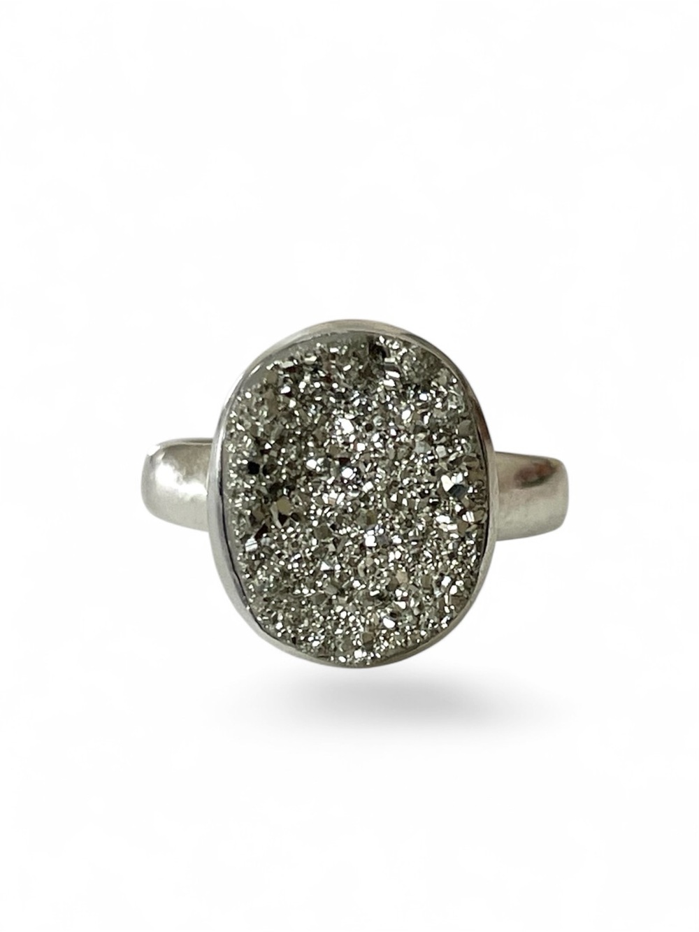 925 Sterling Silver Druzy Peru Pyrite Oval Ring in S925 adjustable size